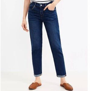 Loft Jeans Girlfriend Petite Super Soft Mid Rise Raw Hem Relaxed Fit Dark Indigo